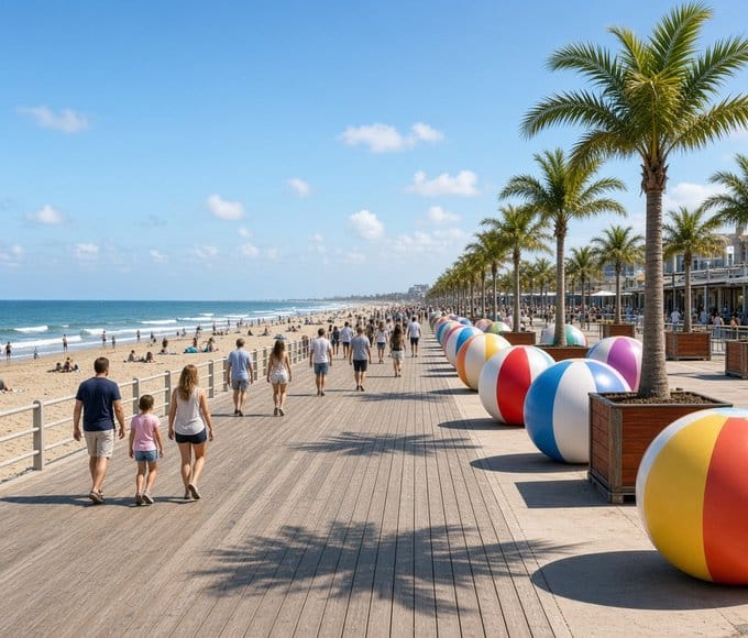 Colorful beach ball sculptures on a plaza beside the Wildwood boardwalk